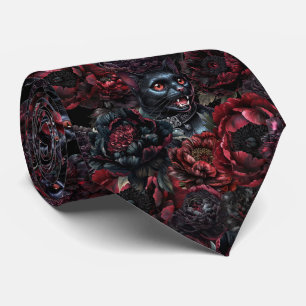 Gothic Black Cat & Dark Flowers Muster Krawatte