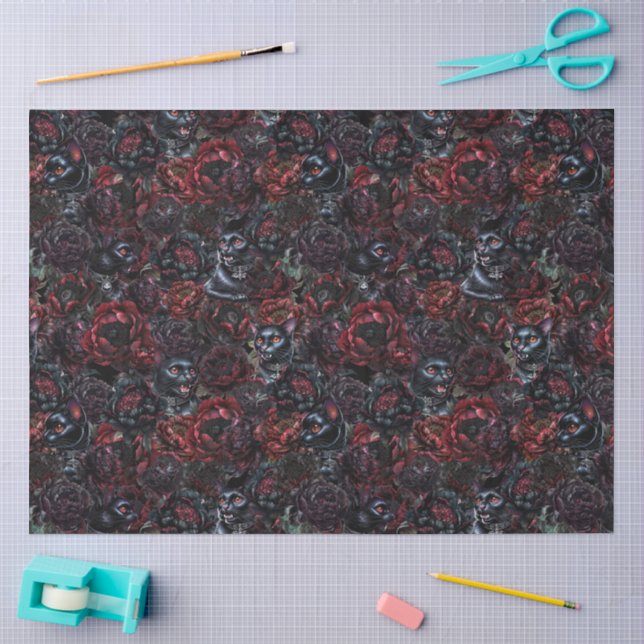 Gothic Black Cat & Dark Flowers Muster  Seidenpapier (Basteln)
