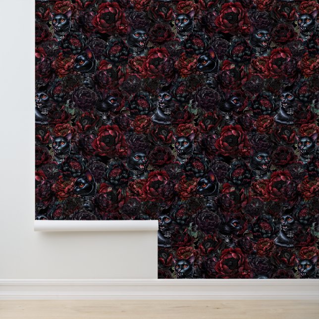 Gothic Black Cat & Dark Flowers Muster  Tapete (Anwendung)