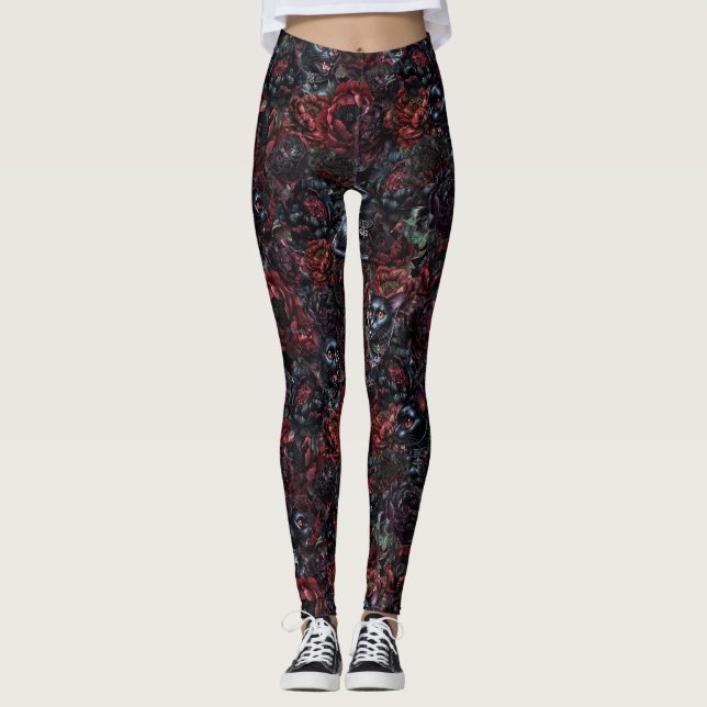Gothic Black Cat & Dark Flowers Pattern Leggings (Vorderseite)