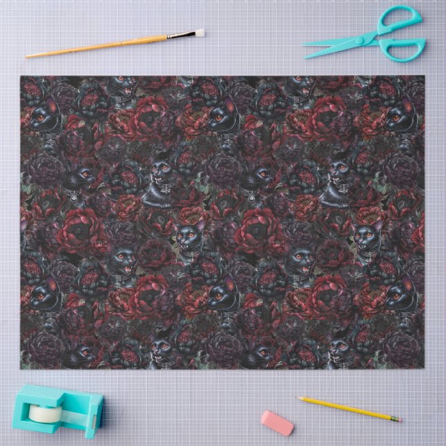 Gothic Black Cat & Dark Flowers Pattern  Seidenpapier (Basteln)