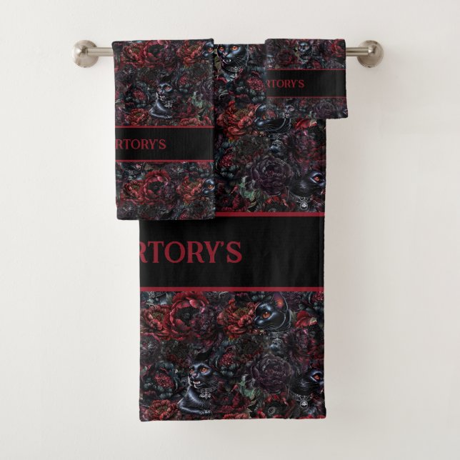 Gothic Black Cat & Dark Flowers Personalized Badhandtuch Set (Insitu)