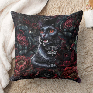 Gothic Black Cat & Dunkle Blumen Kissen
