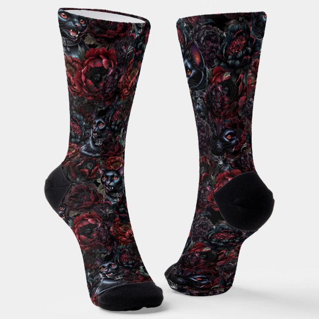 Gothic Black Cat & Dunkle Blumen Muster  Socken (Gewinkelt)
