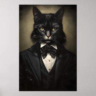 Gothic Black Cat im Anzug Druck, Dark Academia Poster