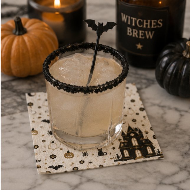 Gothic Black Cat Spukhaus Parisianisch Serviette (Halloween Parisian Bistro cocktail napkins with black cat mosaic design styled on elegant autumn tab)
