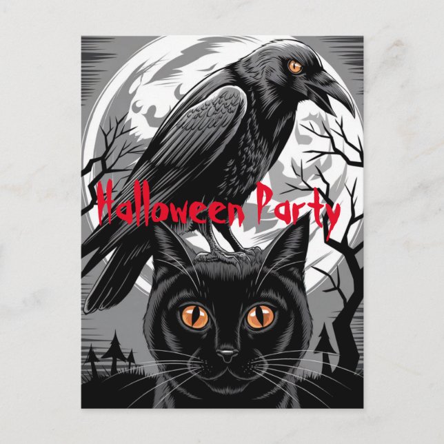 Gothic Black Crow & Cat Spooky Halloween-Party Postkarte (Vorderseite)