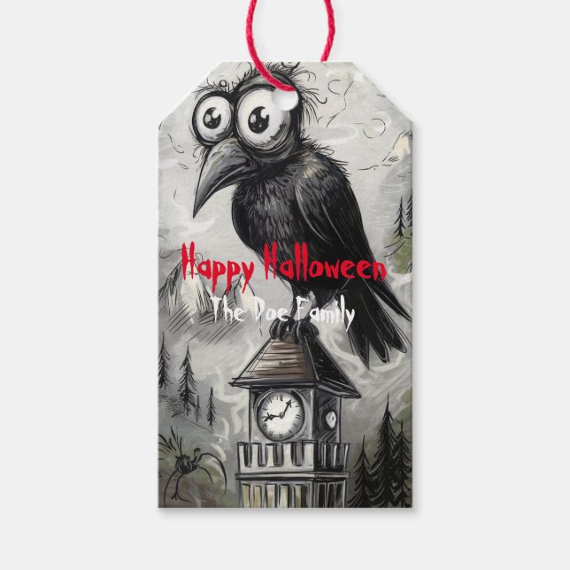 Gothic Black Crow & Tower Spooky Halloween Geschenkanhänger (Vorderseite)