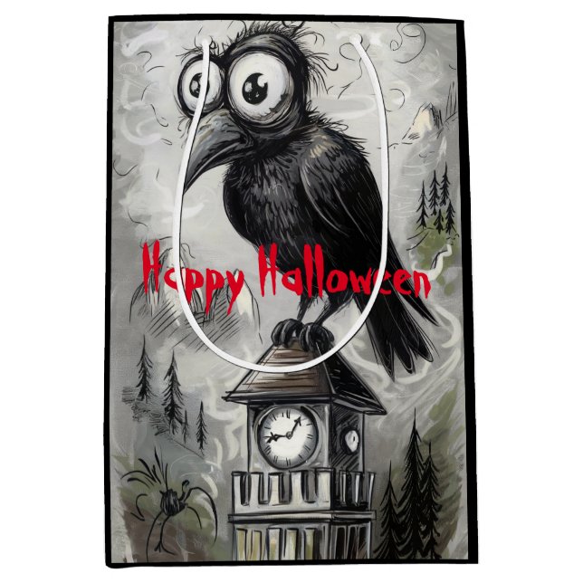Gothic Black Crow & Tower Spooky Halloween Mittlere Geschenktüte (Vorderseite)