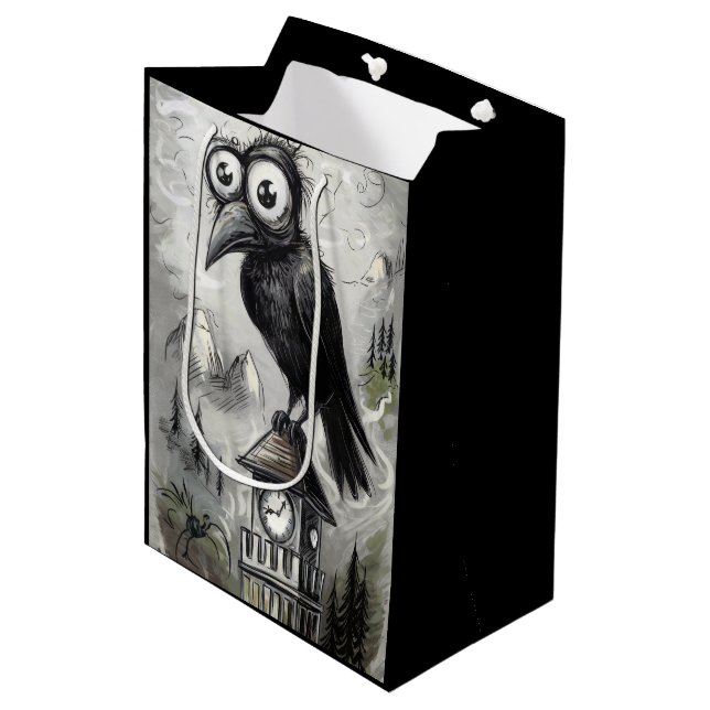 Gothic Black Crow & Tower Spooky Halloween Mittlere Geschenktüte (Vorderseite Schrägansicht)