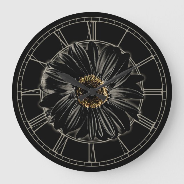 Gothic Black Daisy Große Wanduhr (Vorderseite)