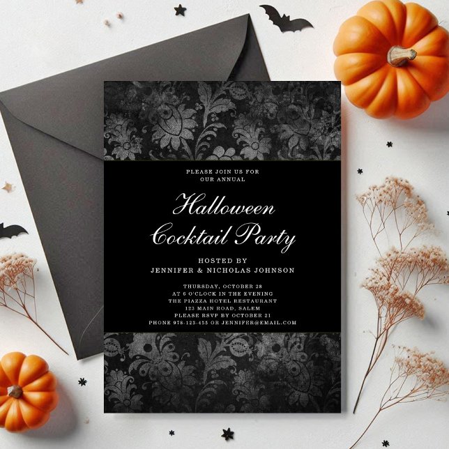 Gothic Black Damask Halloween Cocktail Party Einladung (Gothic Black Damask Halloween Cocktail Party Invitation)