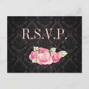 Gothic Black Damask Rosa Rosa Brautparty Einladungspostkarte