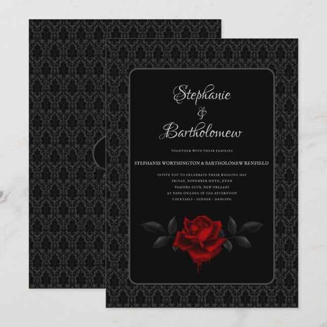 Gothic Black Damask Rose Wedding Einladung (Vorne/Hinten)
