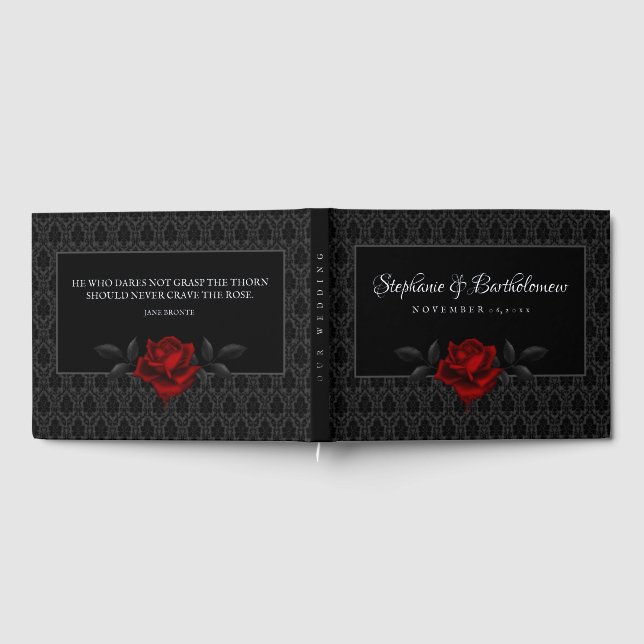 Gothic Black Damast Rosenhochzeit Gästebuch (Voll)