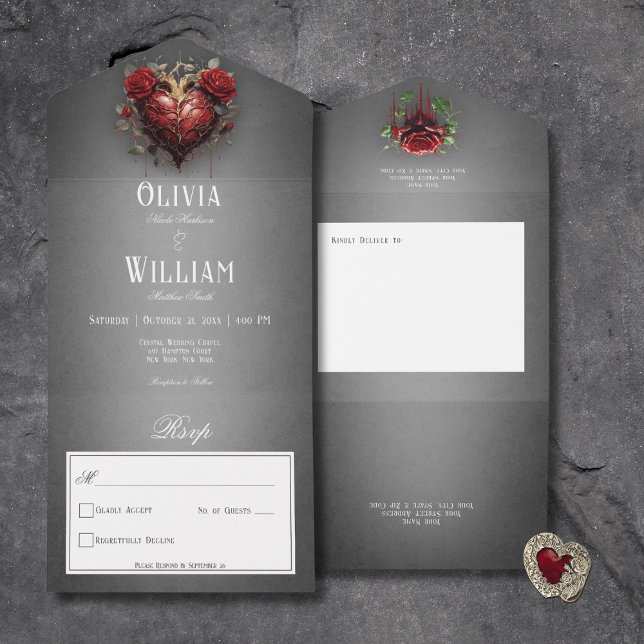 Gothic Black Dark Heart & Rote Rosen Kein Abendess All In One Einladung (Gothic Black Dark Heart & Red Roses All In One Wedding Invitation without Dinner Options)