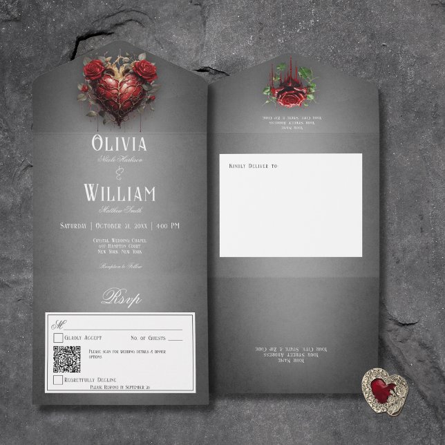Gothic Black Dark Heart & Rote Rosen QR Code All In One Einladung (Gothic Black Dark Heart & Red Roses All In One Wedding Invitation with QR Code)