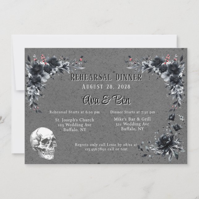 Gothic Black Floral and Skull Probe Dinner Einladung (Vorderseite)