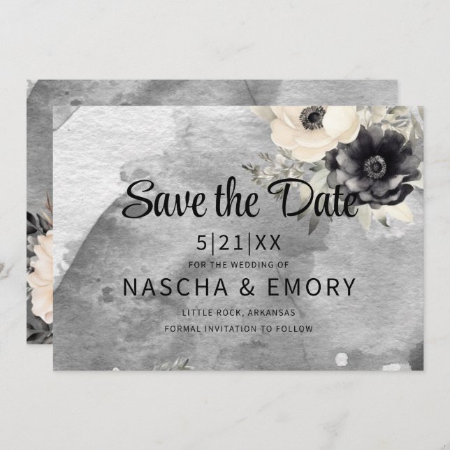 Gothic Black Floral Peony Wedding Save The Date (Vorne/Hinten)