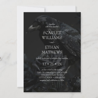 Gothic Black Floral Raven & Rose Wedding Einladung