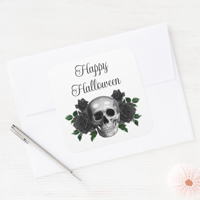 Gothic Black Floral Skull Halloween Quadratischer Aufkleber (Umschlag)