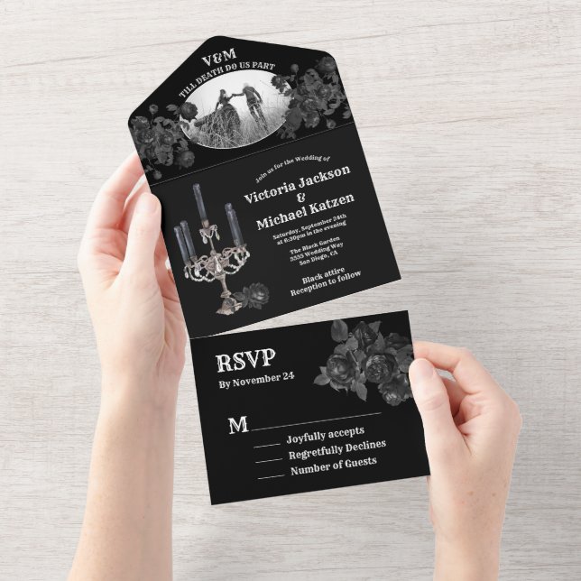 Gothic Black Floral Wedding Foto All In One Einladung (Abreißen)