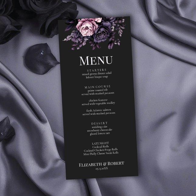 Gothic Black Floral Wedding Menu Card Menükarte (Gothic Black Floral Wedding Menu Card on a gothic wedding table with black roses)