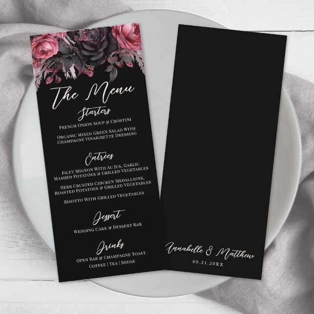Gothic Black Floral Wedding Menükarte (Gothic Black Floral Wedding Menu)