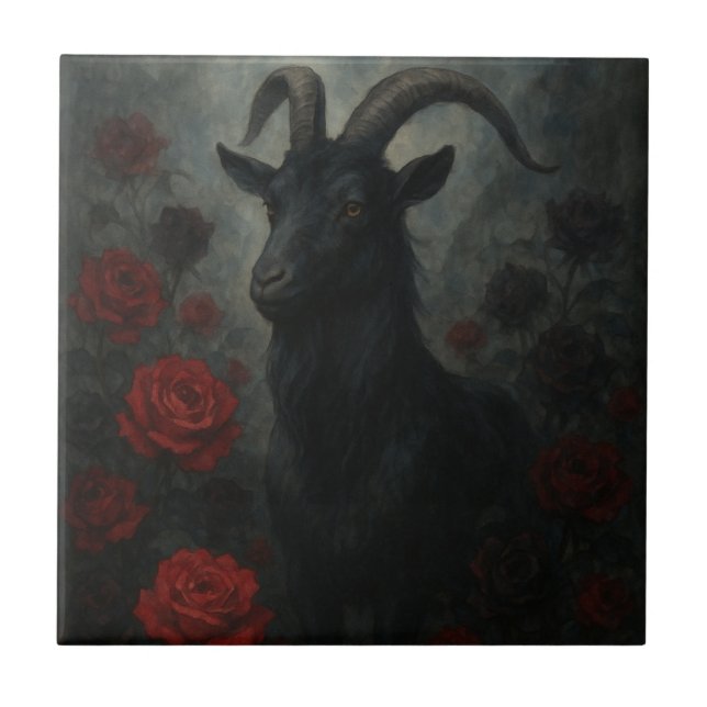 Gothic Black Goat mit Rote Rosen Dark Art Fliese (Vorderseite)