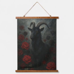 Gothic Black Goat mit Rote Rosen Dark Art Wandteppich Mit Holzrahmen