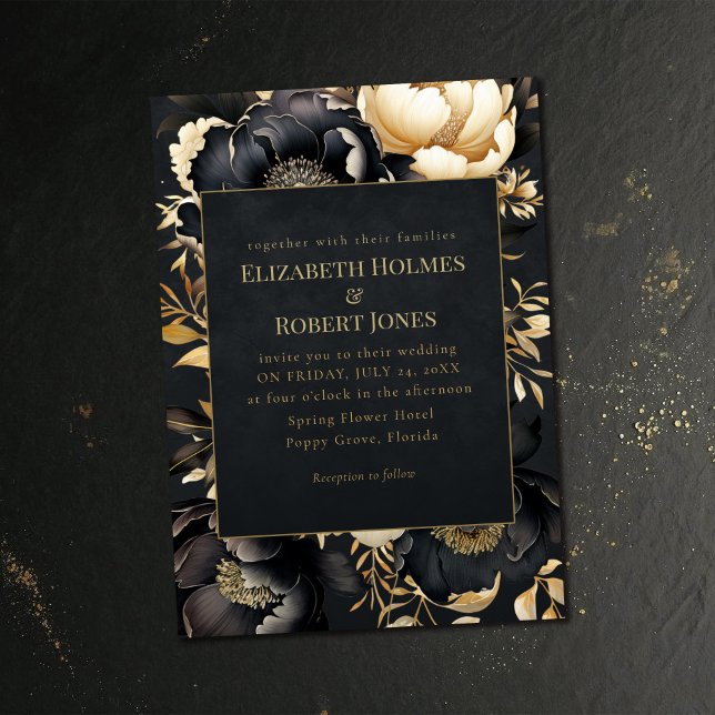 Gothic Black & Gold Peony Wedding Invitation Einladung (Gothic Black & Gold Peony Wedding Invitation on a dark vintage wedding table.)