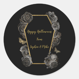 Gothic Black & Gold Rose Coffin Halloween Runder Aufkleber