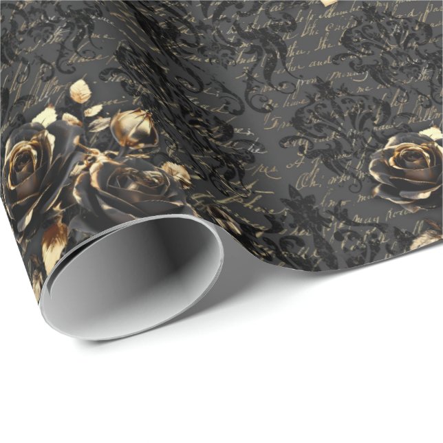 Gothic black gold rose damask elegant adult geschenkpapier (Rolleneckpunkt)