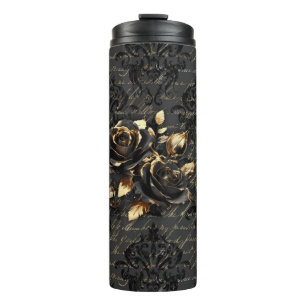 Gothic Black Gold Rose Damask Thermosbecher