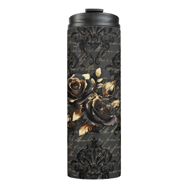 Gothic Black Gold Rose Damask Thermosbecher (Vorderseite)