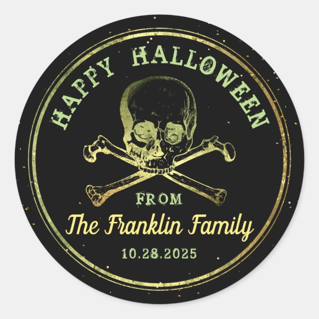 Gothic Black & Gold Skull Happy Halloween Runder Aufkleber (Vorderseite)