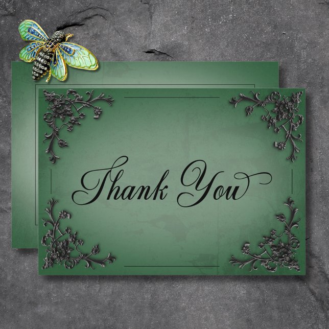 Gothic Black & Green Filigree Heart Wedding Dankeskarte (Gothic Black & Green Filigree Heart Wedding Thank You Card)