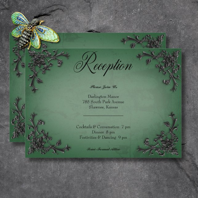Gothic Black & Green Filigree Herz Empfang Begleitkarte (Gothic Black & Green Filigree Heart Reception Enclosure Card)