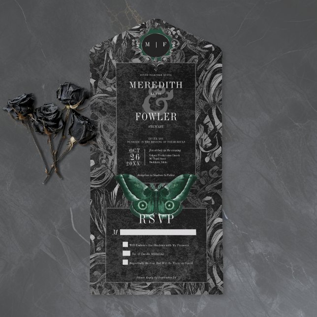 Gothic Black Green Filigree Moth No Dinner Wedding All In One Einladung (Gothic Black Green Filigree Moth No Dinner Wedding All In One Invitation)