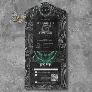 Gothic Black Green Filigree Moth QR Code Wedding All In One Einladung