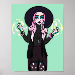 Gothic Black Green Modern Anime Witch Illustration Poster