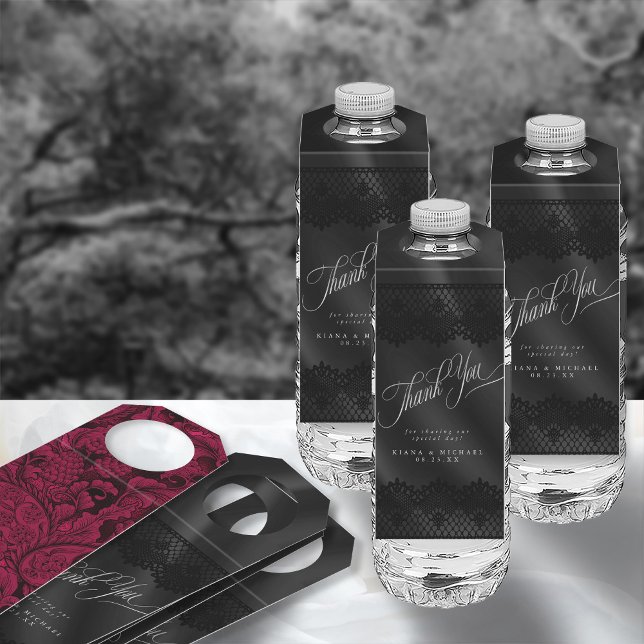 Gothic Black Lace & Satin Wedding ID866 Flaschenanhänger (Front/Back In Situ)