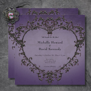 Gothic Black & Lila Filigree Heart Wedding Einladung