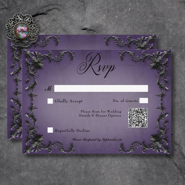 Gothic Black & Lila Filigree Herz QR Code RSVP Karte (Gothic Black & Purple Filigree Heart QR Code RSVP Card)