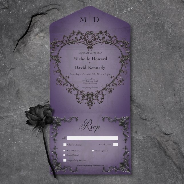 Gothic Black & Lila Filigree Herzessen All In One Einladung (Gothic Black & Purple Filigree Heart Dinner All In One Invitation)