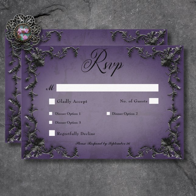Gothic Black & Lila Filigree Herzessen RSVP Karte (Gothic Black & Purple Filigree Heart Dinner RSVP Card)