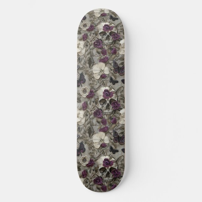 Gothic Black Lila Rose Skulls Moths Skateboard (Vorderseite)
