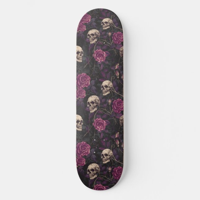 Gothic Black Lila Skulls and Rose Skateboard (Vorderseite)