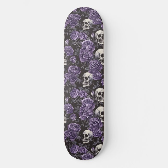 Gothic Black Lila Skulls and Rose Skateboard (Vorderseite)