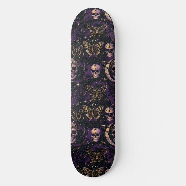 Gothic Black Lila Skulls Moths Moon Skateboard (Vorderseite)